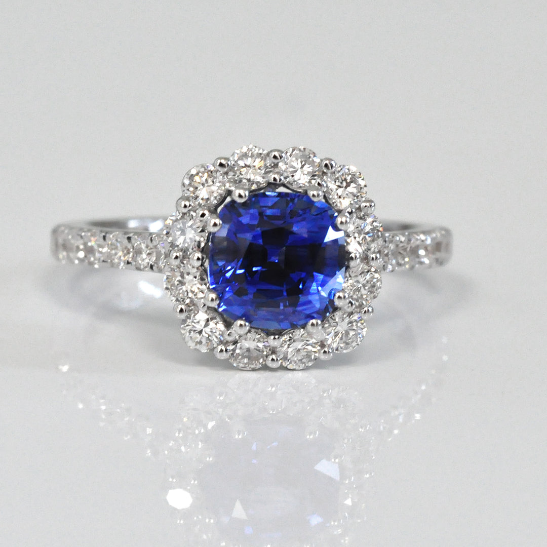 Cushion Blue Sapphire &amp; Diamonds Halo Ring