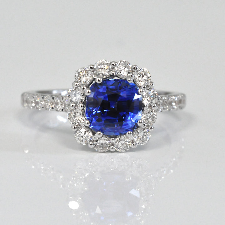 Cushion Blue Sapphire &amp; Diamonds Halo Ring