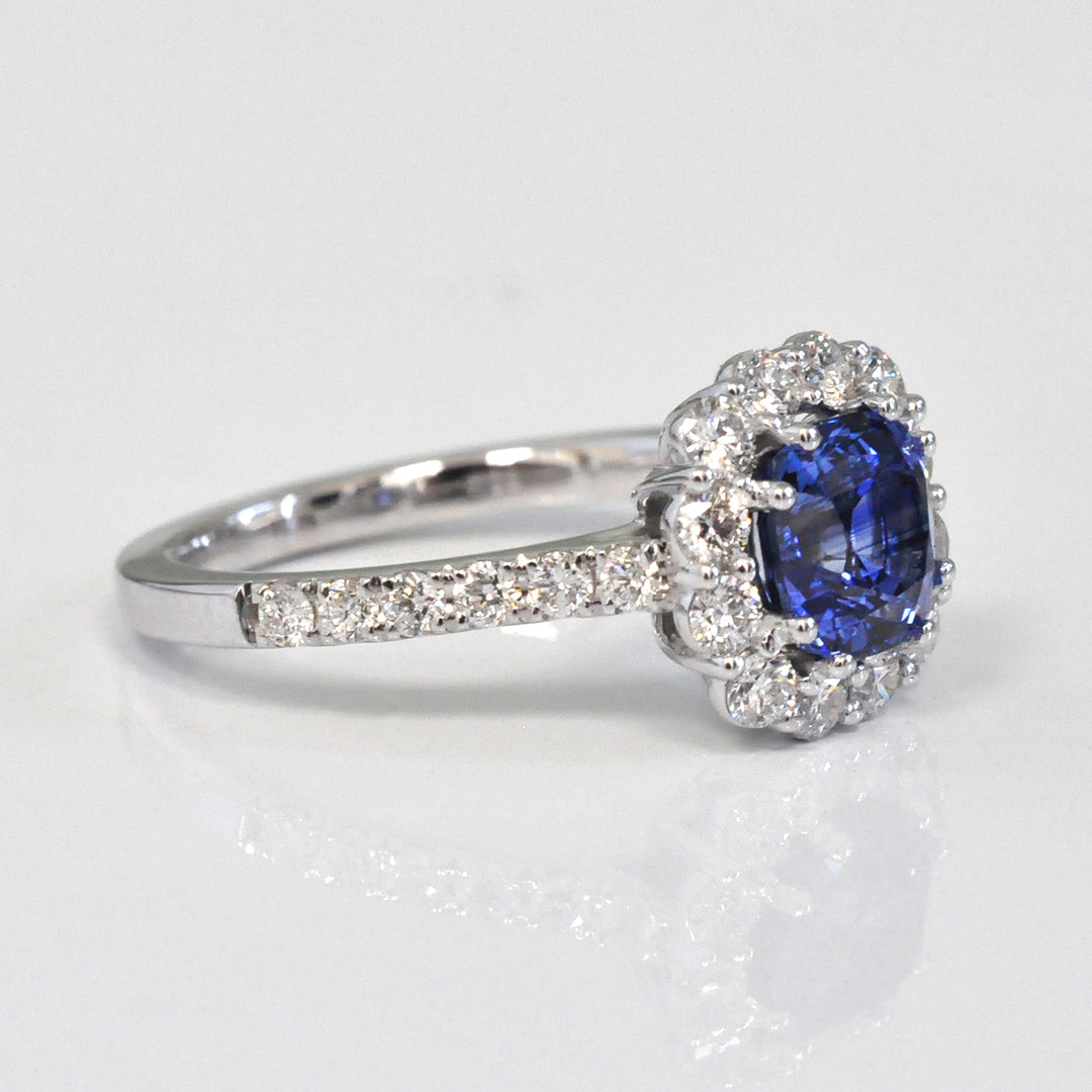 Cushion Blue Sapphire &amp; Diamonds Halo Ring