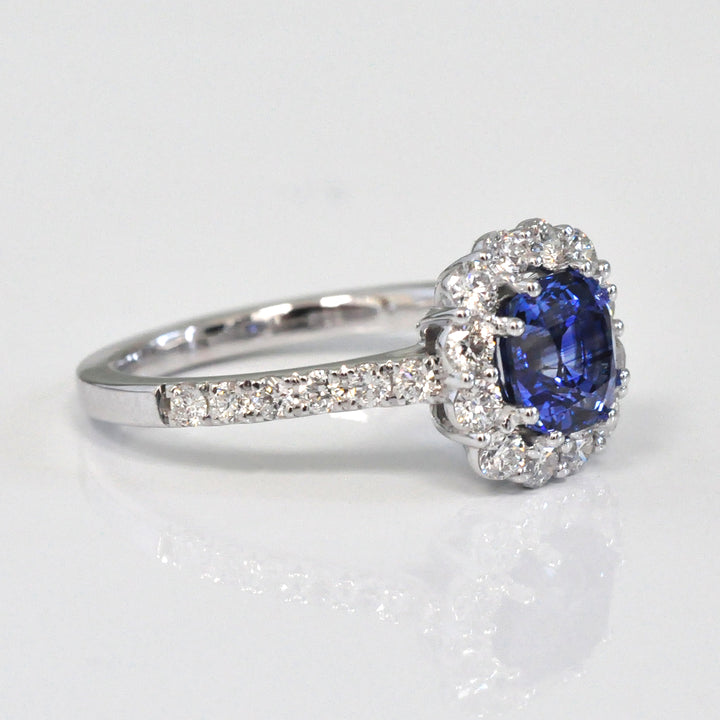 Cushion Blue Sapphire &amp; Diamonds Halo Ring