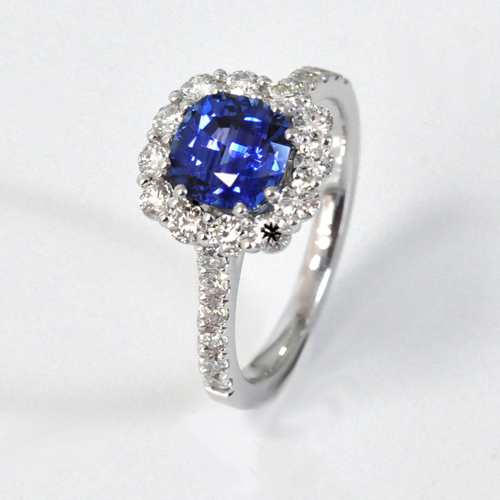 Cushion Blue Sapphire &amp; Diamonds Halo Ring