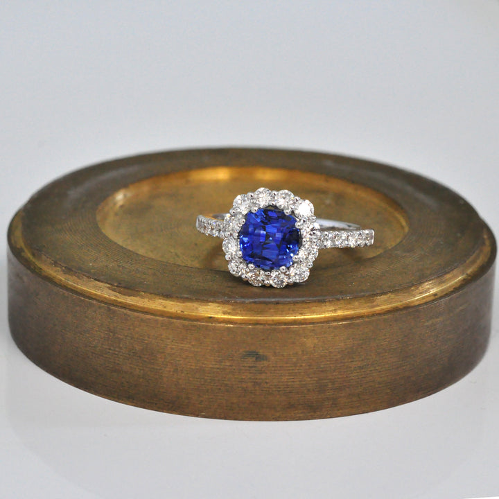 Cushion Blue Sapphire &amp; Diamonds Halo Ring