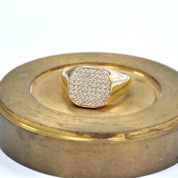yellow gold diamonds pave signet ring.