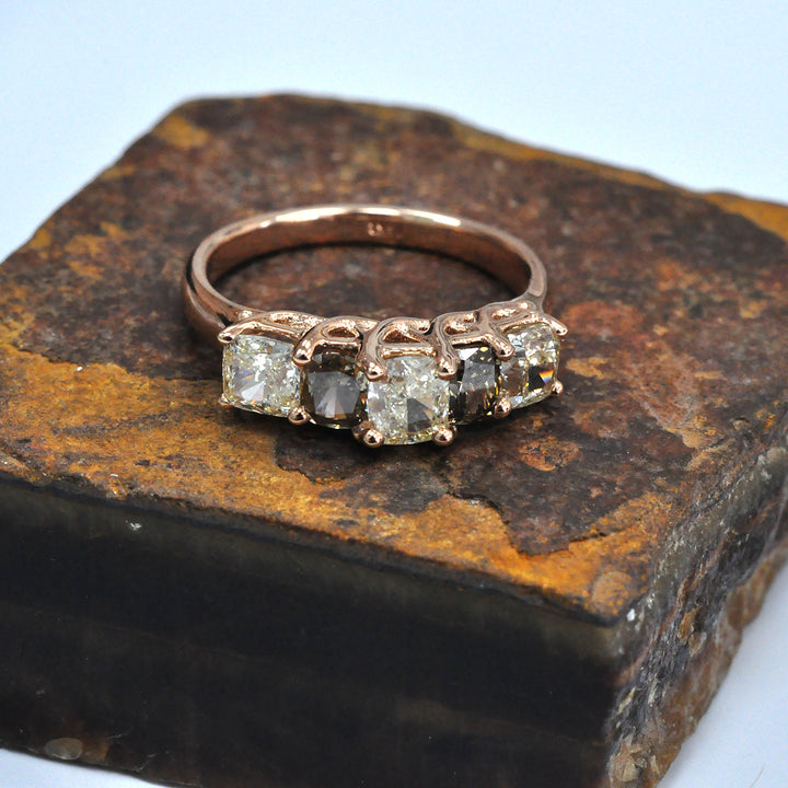 brown &amp; yellow diamonds five stones ring