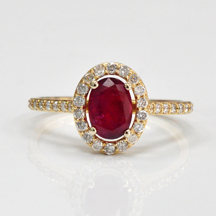Oval cut red unheated ruby &amp; diamonds halo ring