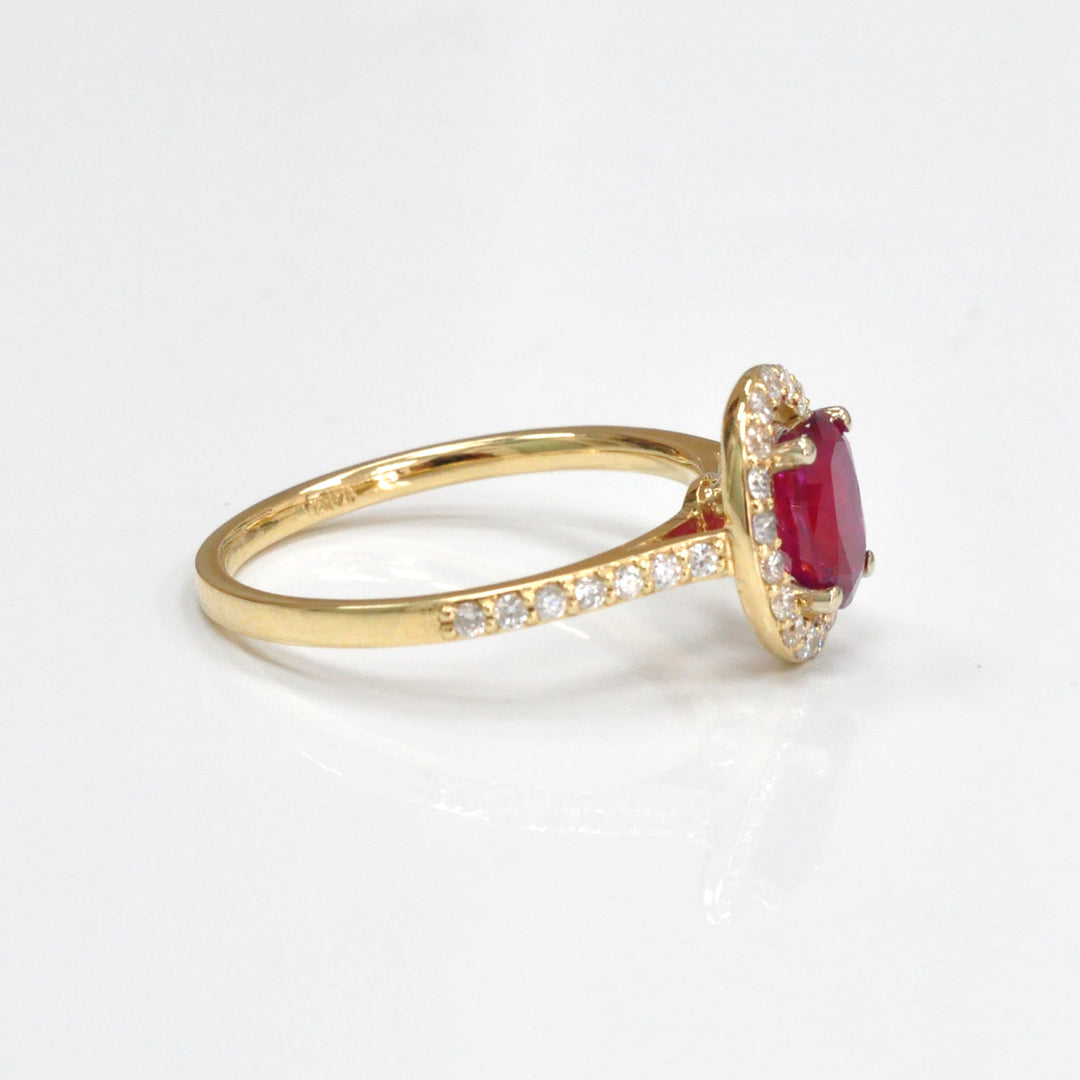 Oval cut red unheated ruby &amp; diamonds halo ring