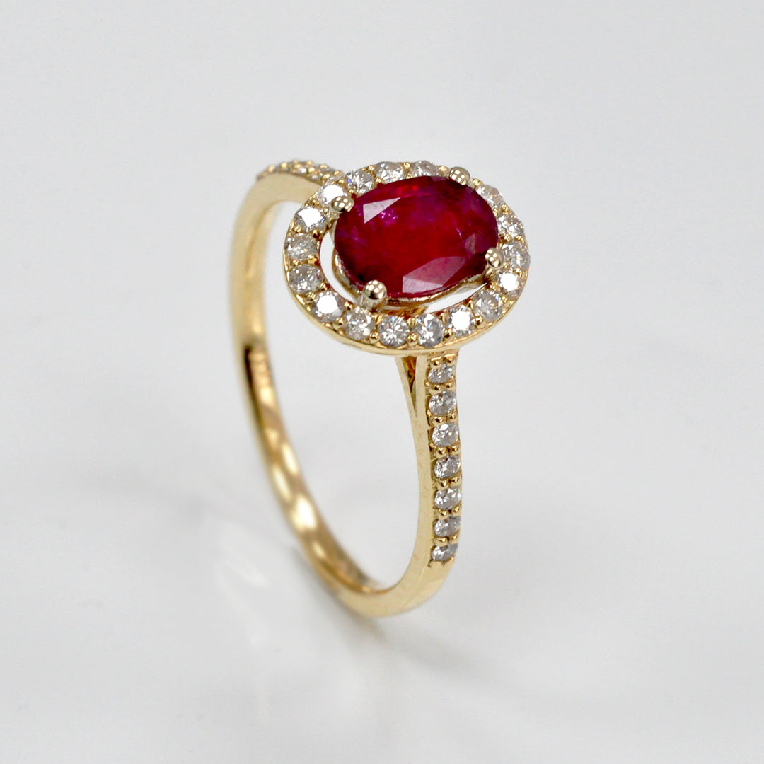 Oval cut red unheated ruby &amp; diamonds halo ring