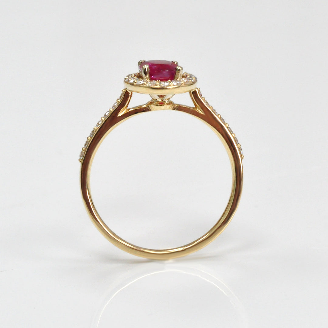 Oval cut red unheated ruby &amp; diamonds halo ring