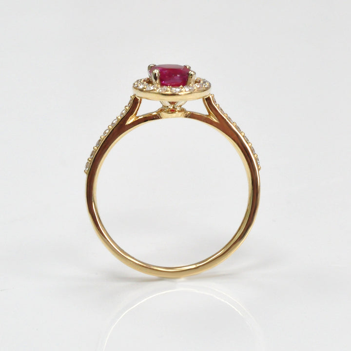 Oval cut red unheated ruby &amp; diamonds halo ring