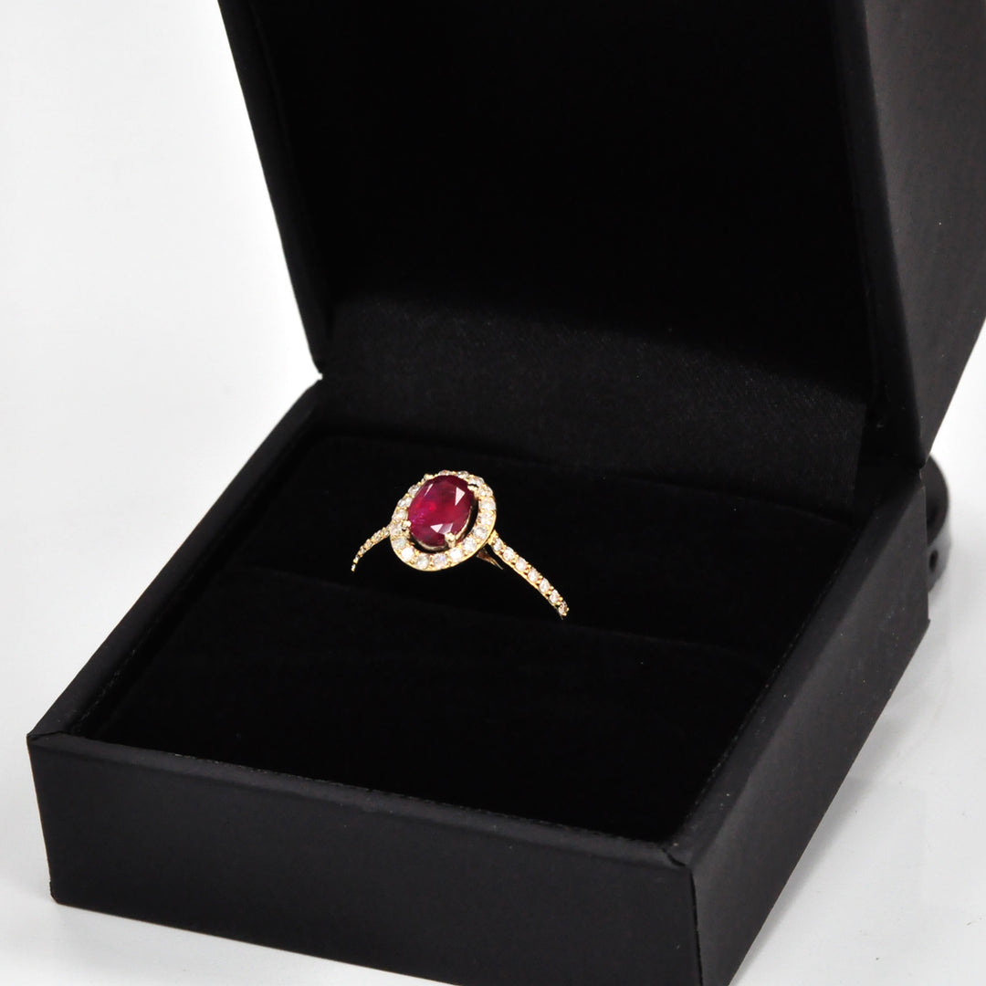 Oval cut red unheated ruby &amp; diamonds halo ring