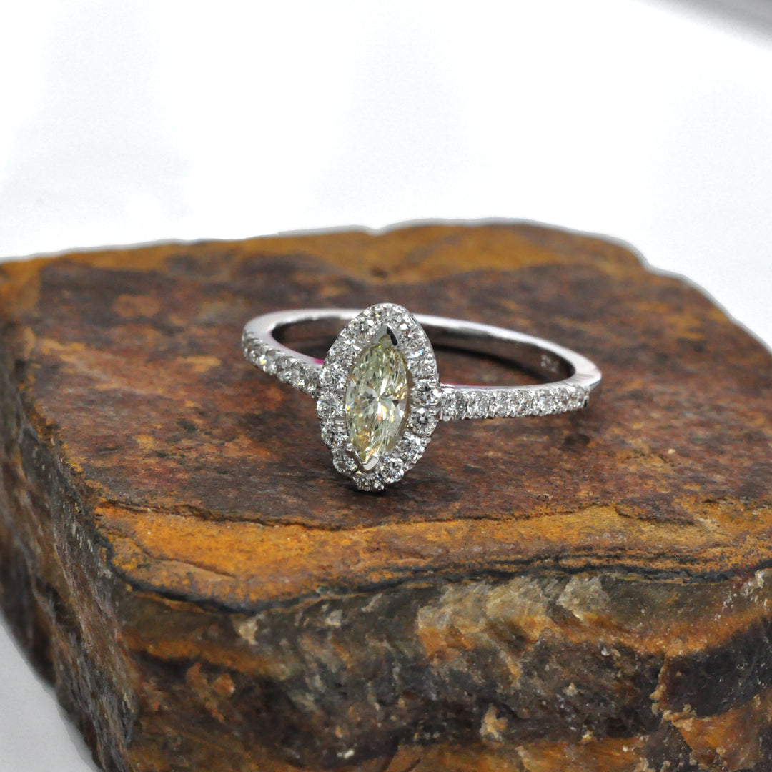 Light Yellow Marquise Diamond &amp; White Diamonds Halo Ring