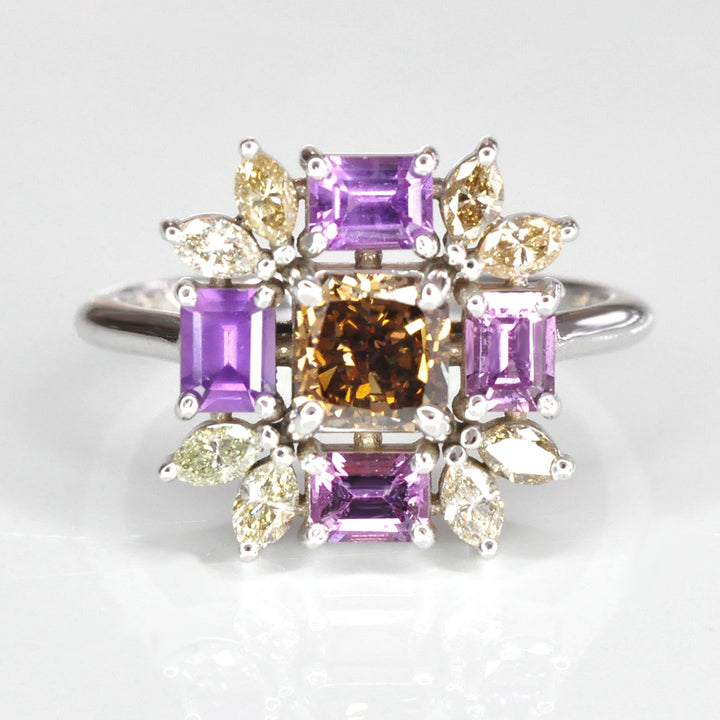 Fancy Diamonds &amp; Pink Sapphire white gold cluster ring