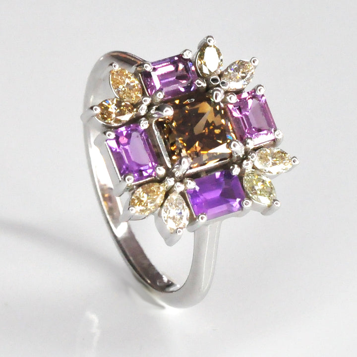 Fancy Diamonds &amp; Pink Sapphire white gold cluster ring