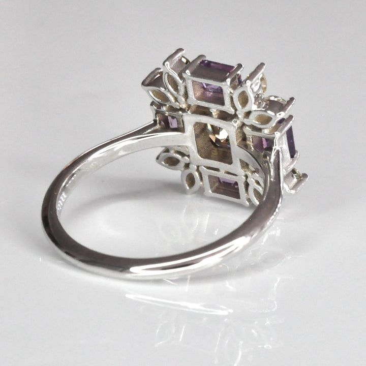 Fancy Diamonds &amp; Pink Sapphire white gold cluster ring