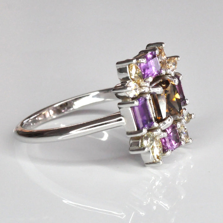 Fancy Diamonds &amp; Pink Sapphire white gold cluster ring