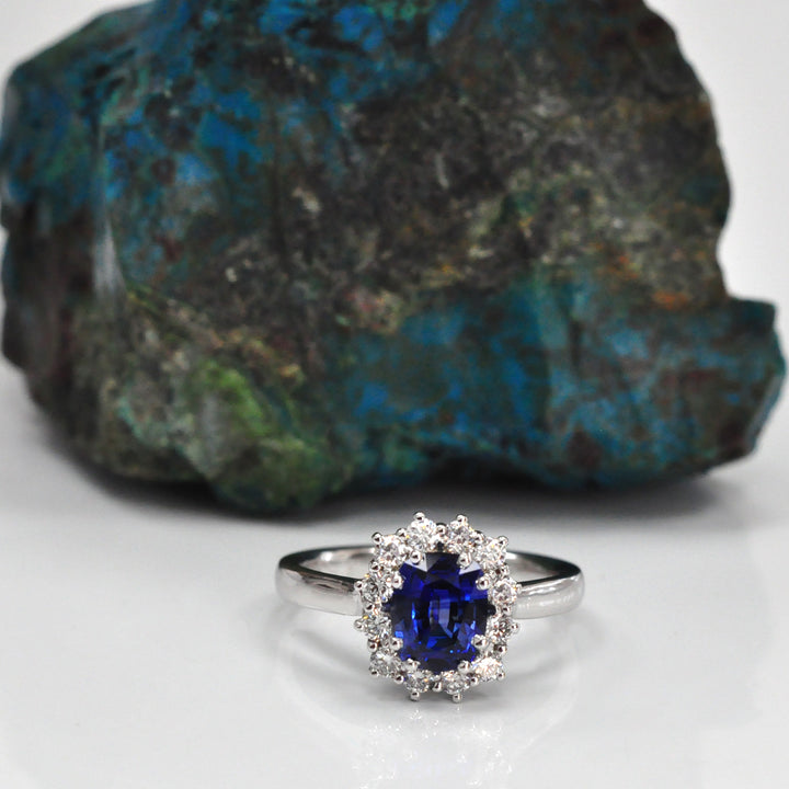 Long Cushion Blue Sapphire &amp; Diamonds Halo Ring