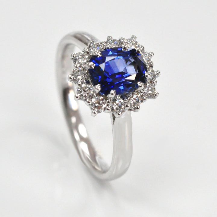 Long Cushion Blue Sapphire &amp; Diamonds Halo Ring