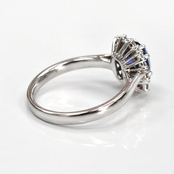 Long Cushion Blue Sapphire &amp; Diamonds Halo Ring