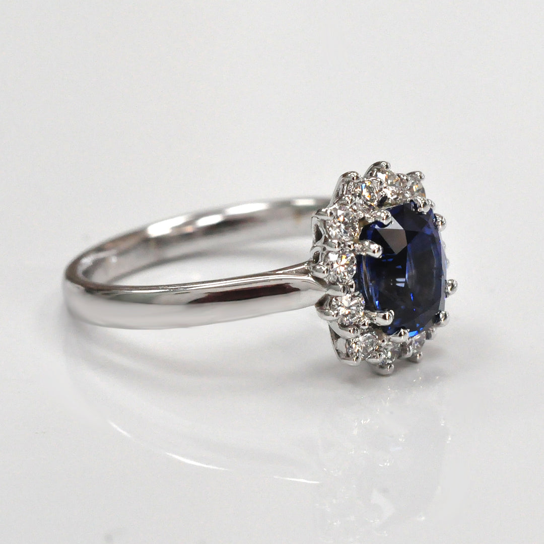 Long Cushion Blue Sapphire &amp; Diamonds Halo Ring