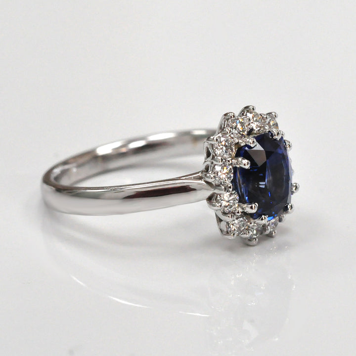 Long Cushion Blue Sapphire &amp; Diamonds Halo Ring