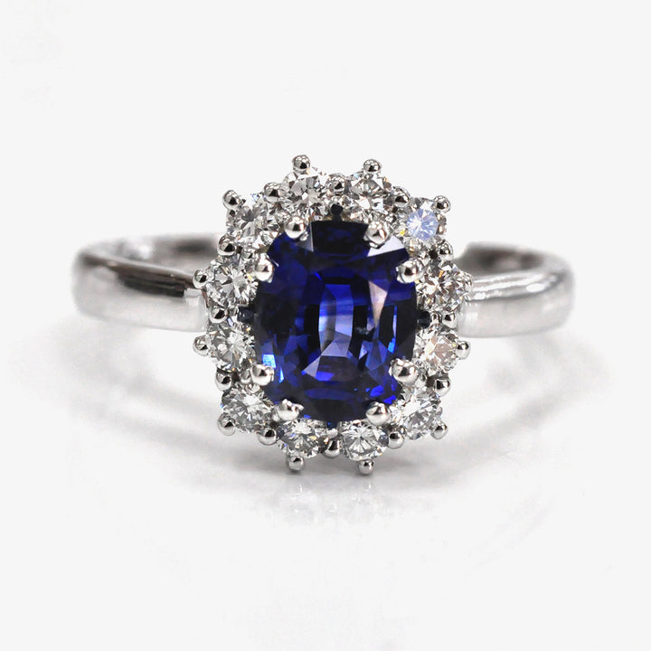 Long Cushion Blue Sapphire &amp; Diamonds Halo Ring