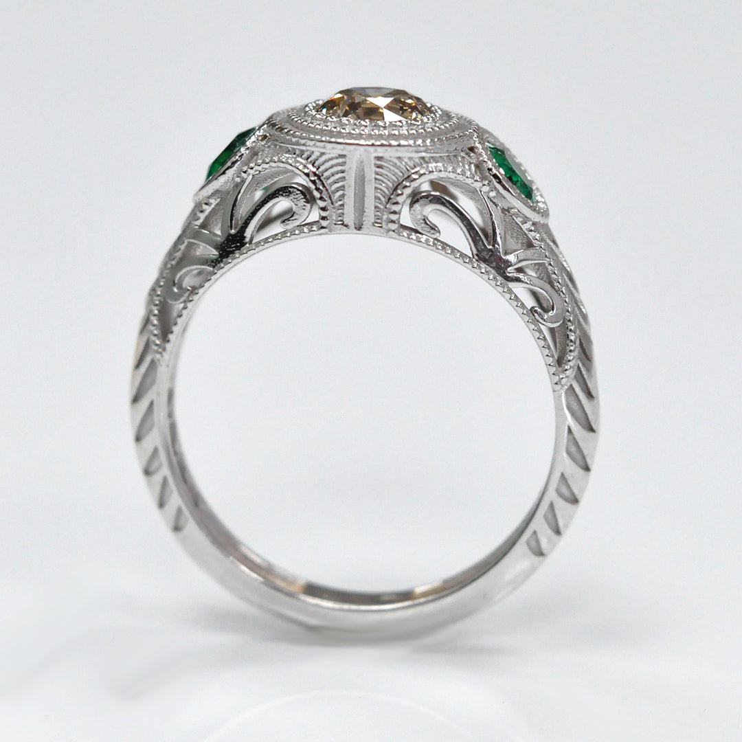 vintage style diamond and emeralds 3 stones ring