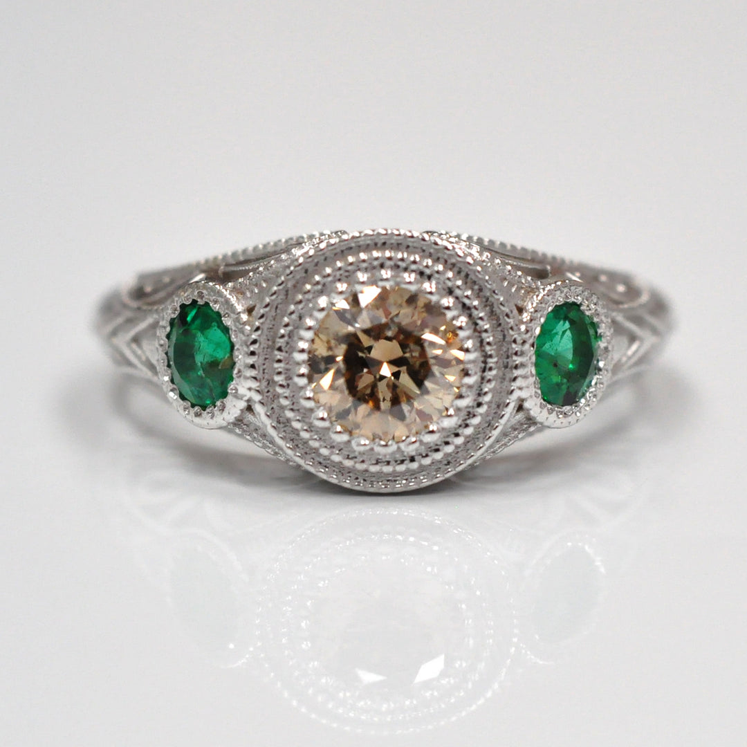 vintage style diamond and emeralds 3 stones ring