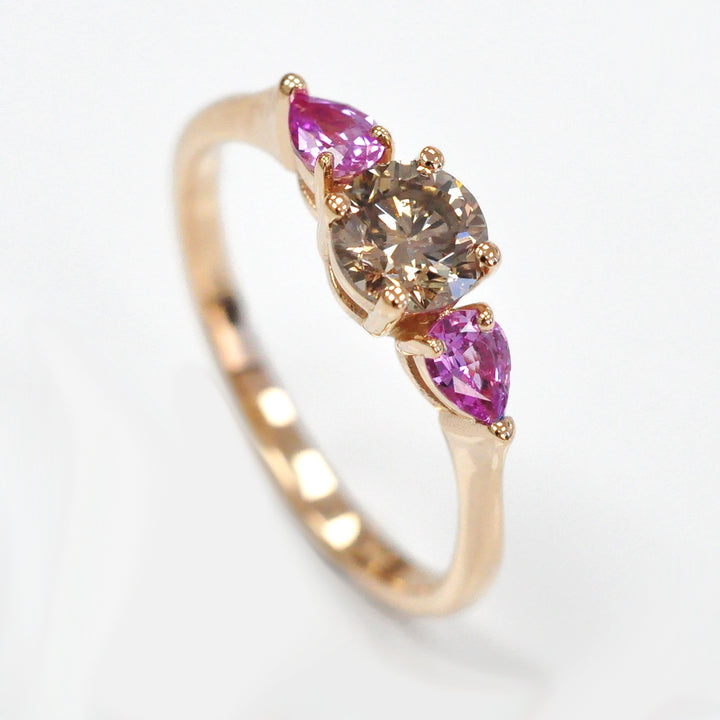 Brown Diamond &amp; Pink Sapphire 3 Stones Ring