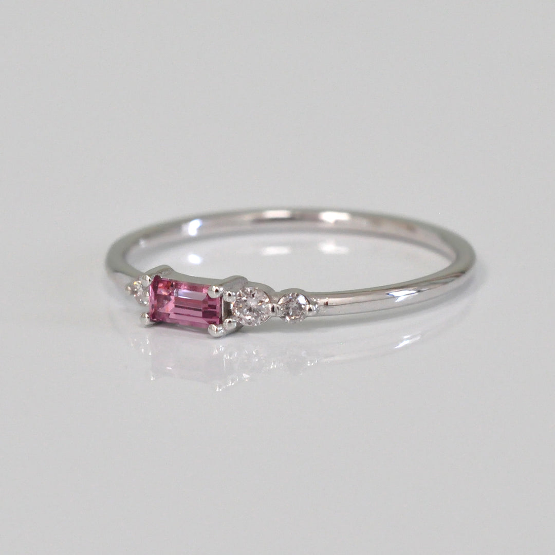 Pink Sapphire with 3 Side Diamonds Ring