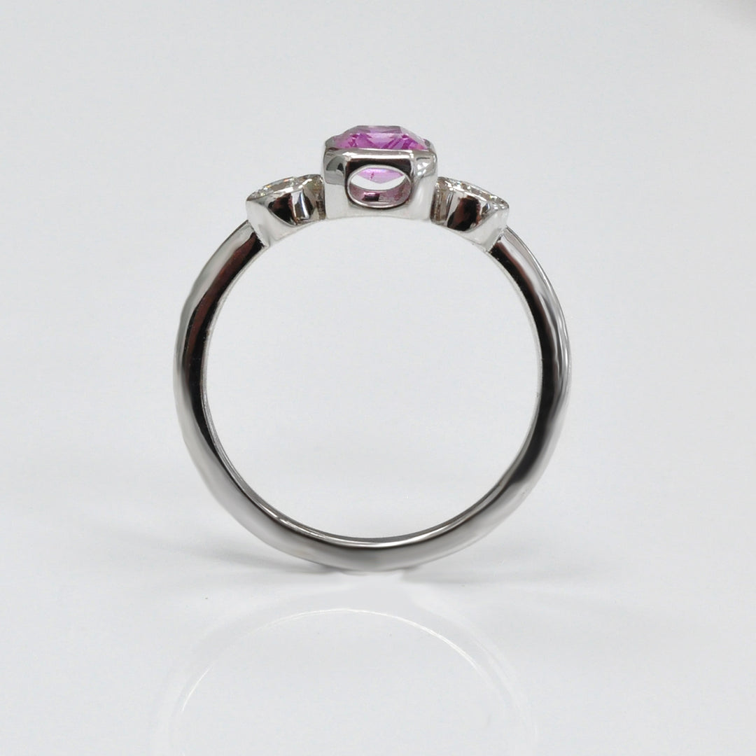 Emerald cut Pink Sapphire &amp; diamonds three stones ring