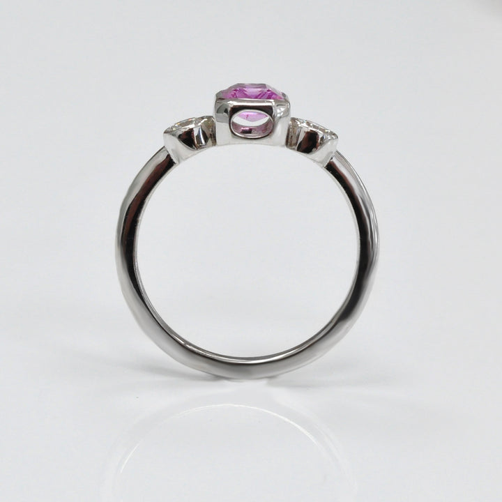 Emerald cut Pink Sapphire &amp; diamonds three stones ring