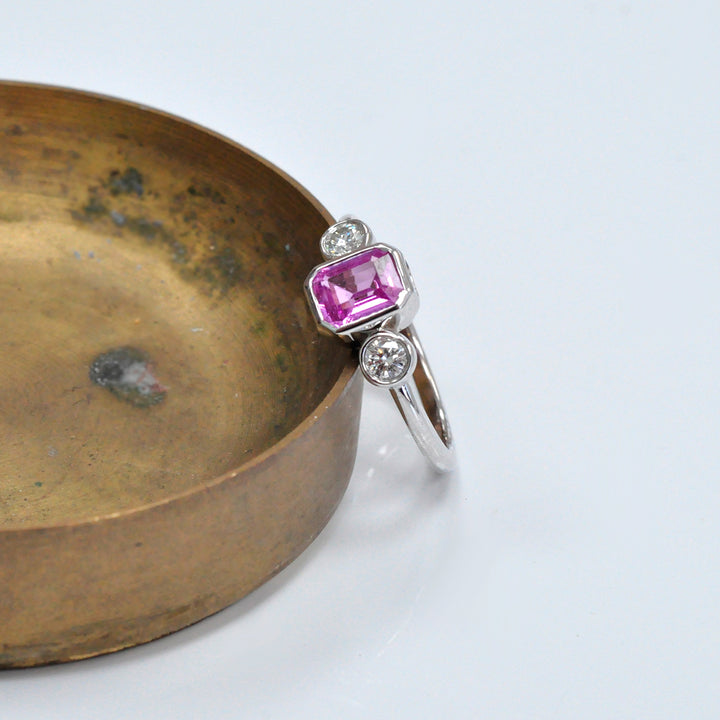 Emerald cut Pink Sapphire &amp; diamonds three stones ring
